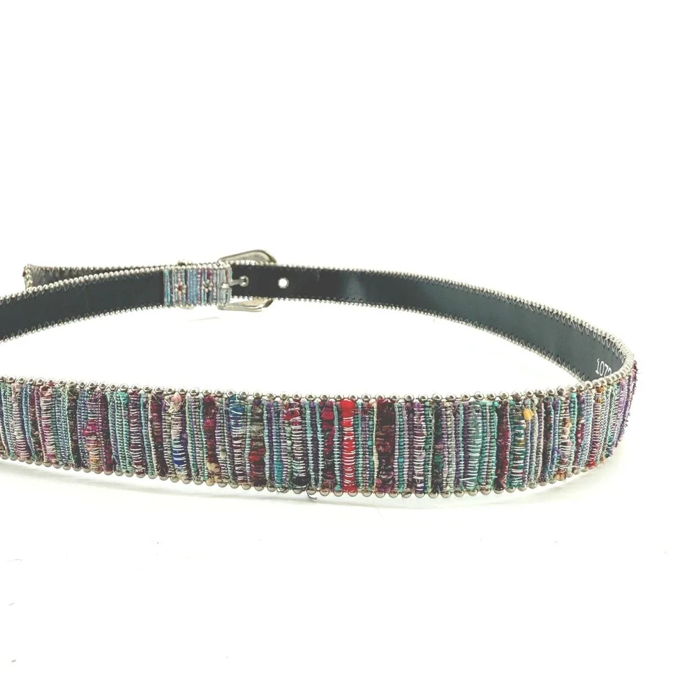 Elite Belt Women ML Multicolor Woven Metallic Beaded Silver Buckle Boho 1072